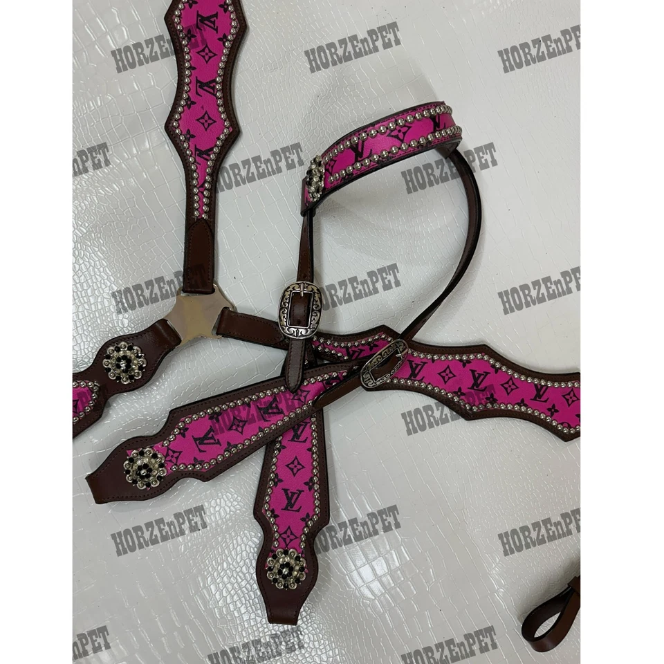 Juego de tachuelas de cuero marrón LV rosa Highlight conchos cabecera de caballo cuello de pecho Foto 3 de 3