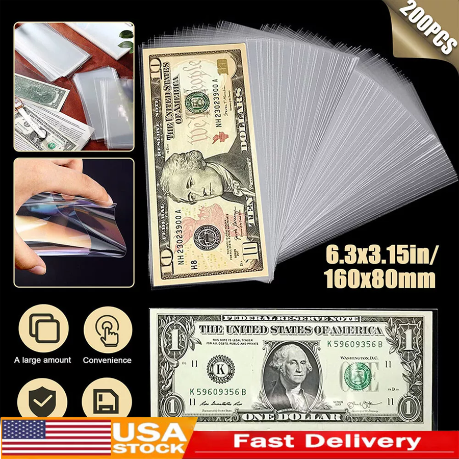 200PCS Money Bag Storage Banknote Protect Clear Soft Sleeves Holder Collection