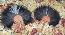 VINTAGE 2 Ostrich Feather Fan Tribal Ceremony Black Ethnographic Leather Handles