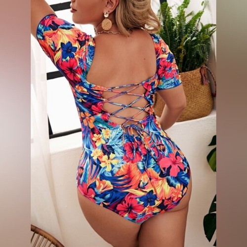 One Piece Swimsuit size 0XL Floral Lace Up Back - Picture 4 of 12