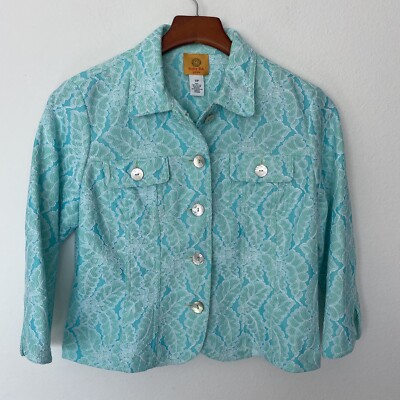 Ruby Rd. Woman Sz 12P Cropped Colorful Jacket 3/4 Sleeves Pockets Button Up