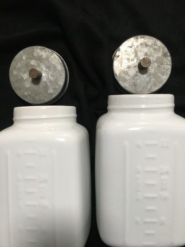 2 POTTERY BARN 8" FARMHOUSE RUSTIC WHITE CERAMIC CANISTERS GALVANIZED METAL LIDS - Picture 18 of 18