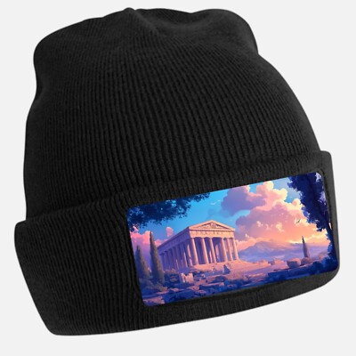 Black Beanie Hat with Cool Temple Motif - Unisex Cap, Cotton