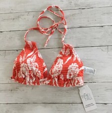 Time and Tru Women's Smocked Swim Bikini Top Orange White Size L 12-14