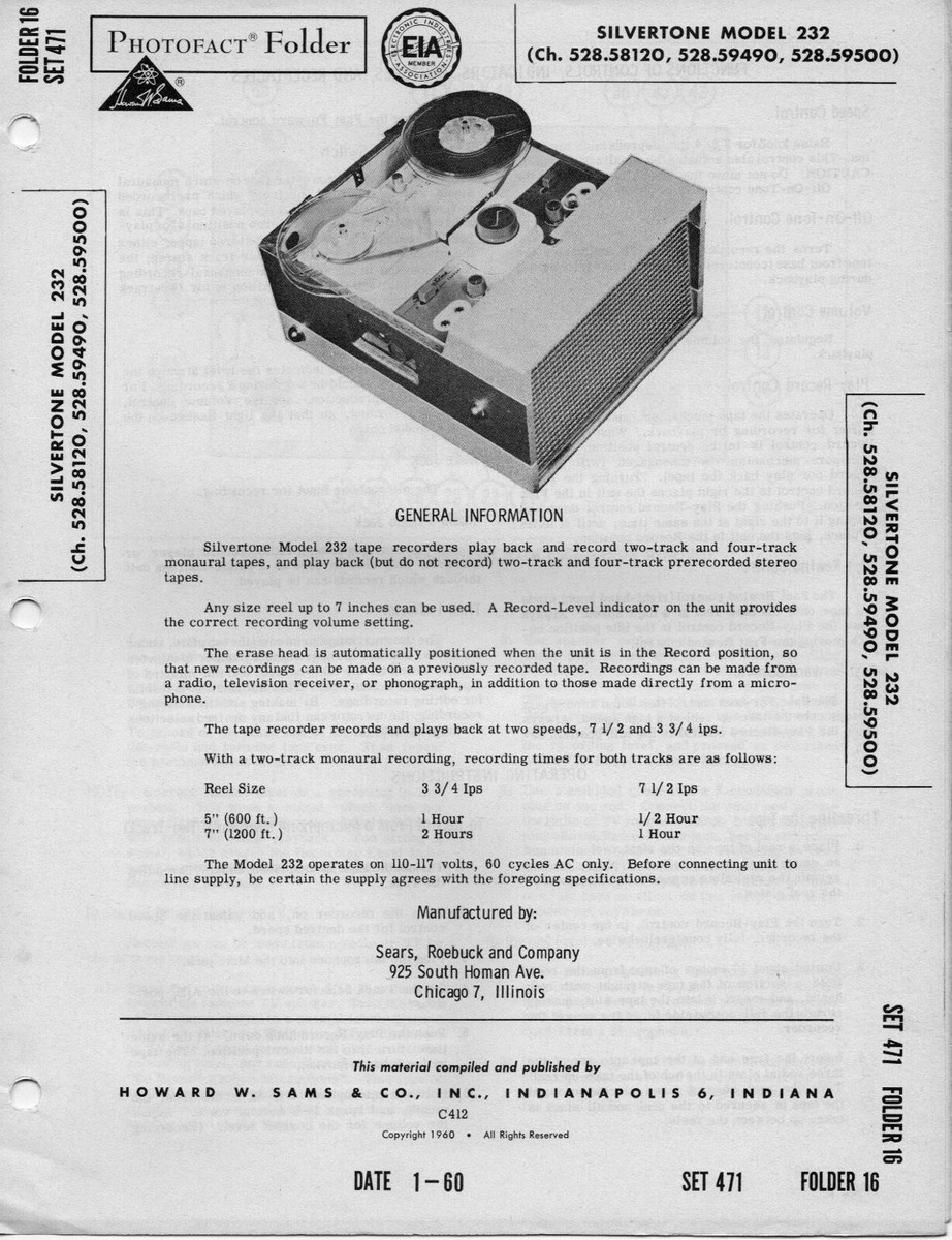 1960 SILVERTONE 232 REEL TO REEL TAPE PLAYER RECORDER