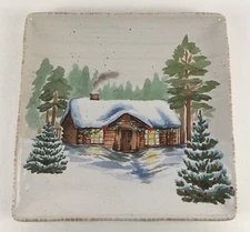 St. Nicholas Square Winter White 10.5" Platter Plate Log Cabin Pine Trees New