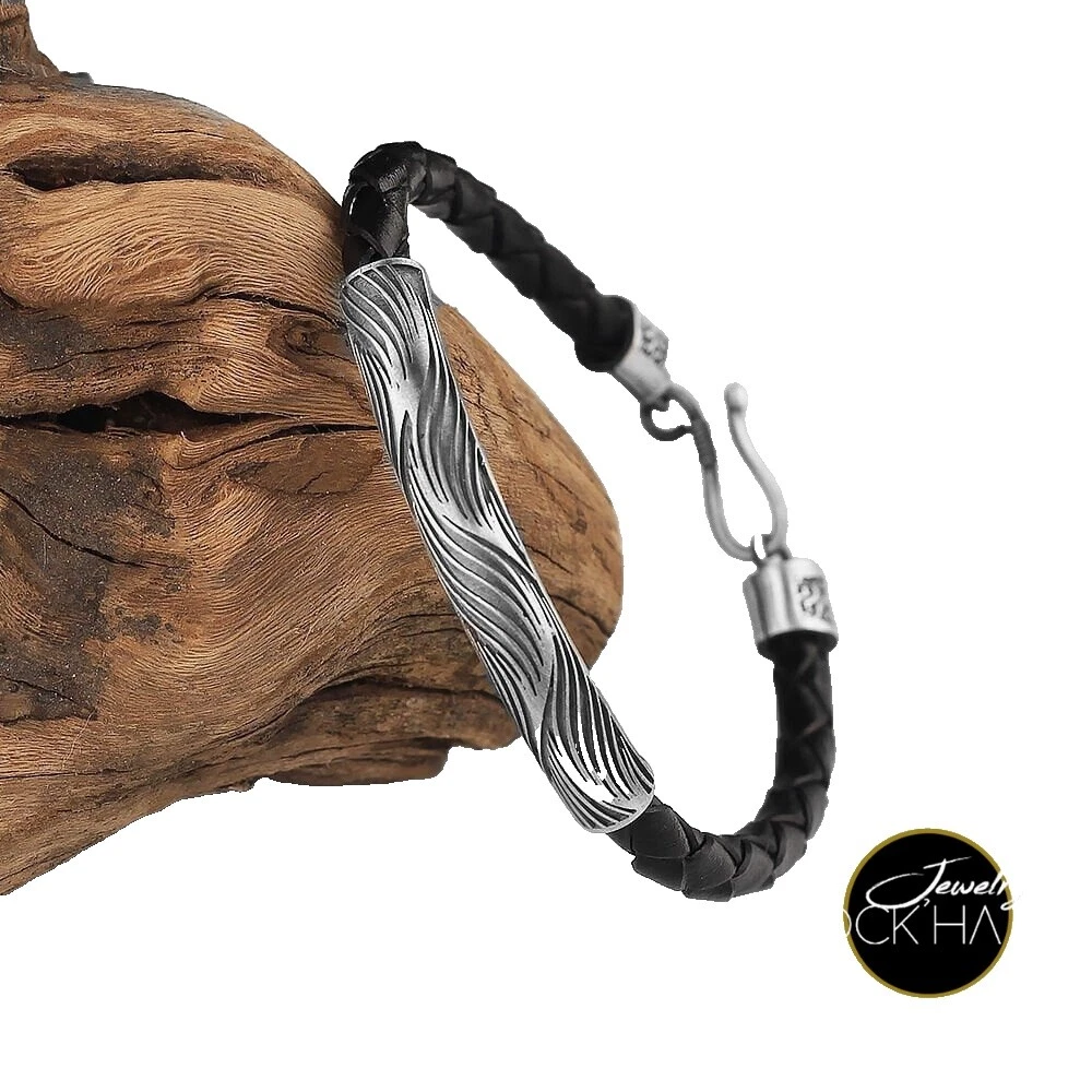 Black Leather Sterling Silver Jewelry for Men