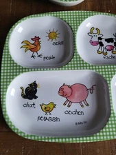 Lot of 2 Baby Cie Divided Toddler FARM ANIMAL Melamine Plate Bowl Cat Cow