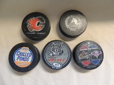 5 used hockey pucks calgary flames chicago wolves Admirals kelly cup In Glas Co
