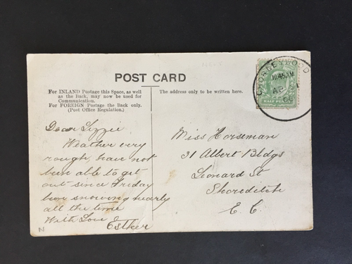 GB 1908 CHORLEYWOOD SKELETTSTEMPEL AUF POSTKARTE NACH SHOREDITCH