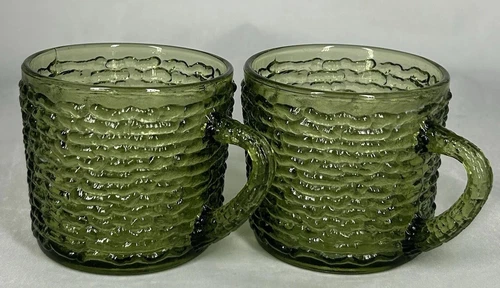 2 Vtg Soreno Anchor Hocking Avocado Green Coffee Tea Mugs Set of 2 Luncheon Cups