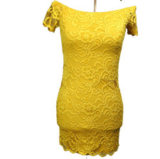 Ambiance Floral Lace Off-The-Shoulder Mini Sheath Dress Lined Stretch Yellow S