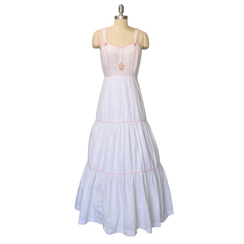Vintage 70s Young Edwardian White Maxi Dress Size 11 M Prairie Floral Wedding - Picture 2 of 8