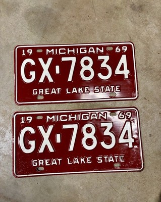 1969 Michigan License Plate Pair (GX-7834)  Great Lake State Vintage