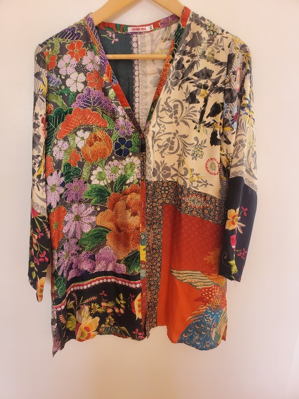 JOHNNY WAS MULTICOLOR SILK BLOUSE SIZE S PS