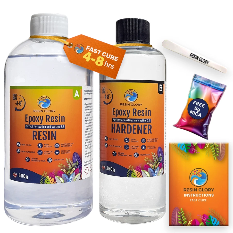 RESIN GLORY 750g Fast Cure Epoxy Resin Kit 2:1 in 4-8 Hours Craft Mould Casting Clear Art UK