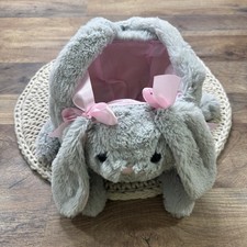Gray Bunny Plush Easter Basket Pink Bows Pink Lining Super Soft