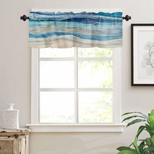Coastal Beach Valances - Navy Blue Kitchen Curtains - Abstract Blue Wave Window