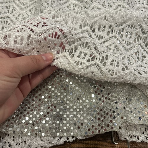 Bari Jay White Lace With Silver Sequin Accent Lining Evening Dress Size 9/10 - Picture 2 of 14