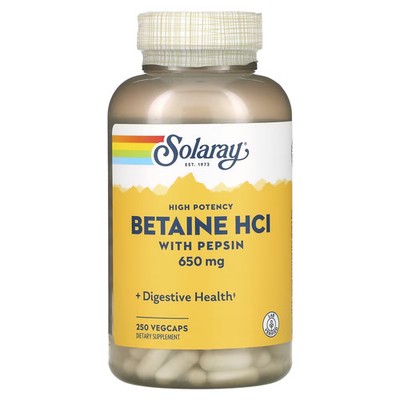 2 X Solaray, High Potency Betaine HCl with Pepsin, 650 mg, 250 VegCaps