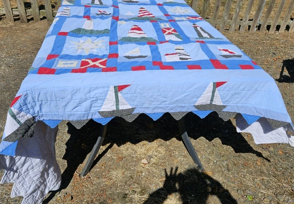   Nautical Boats And Lighthouse Quilt.   86 × 86 - Image 3 of 4
