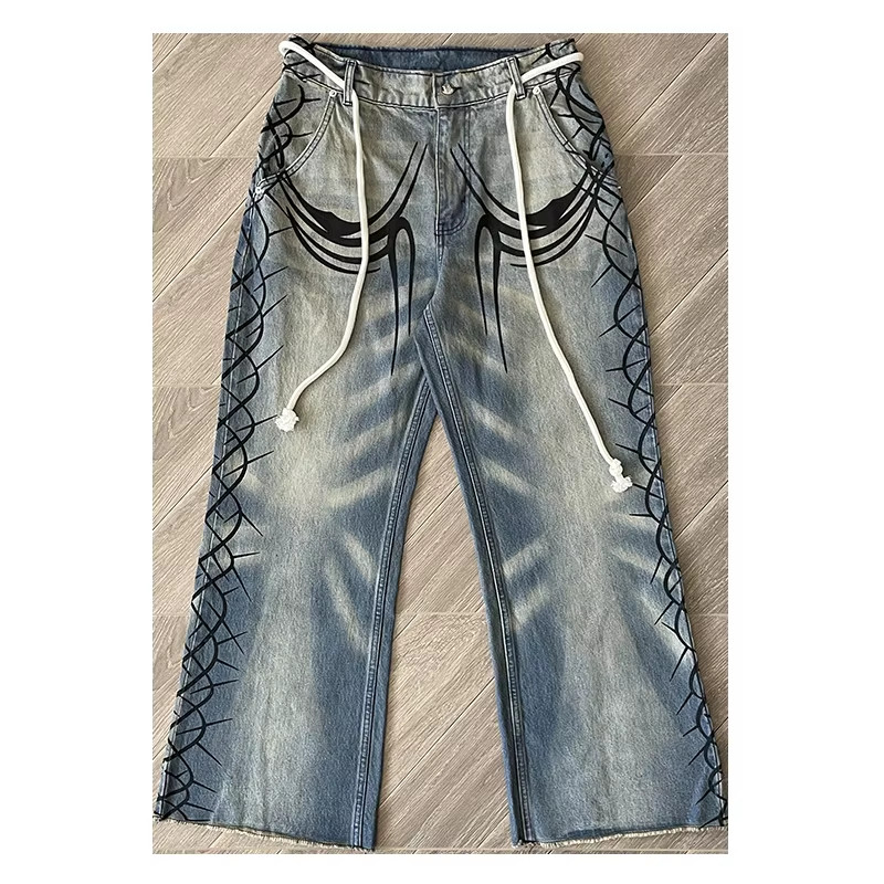 Hellstar Raw Edge Airbrushed Jeans Men's Blue Wide-Legs Relaxed Fit Denim Pants