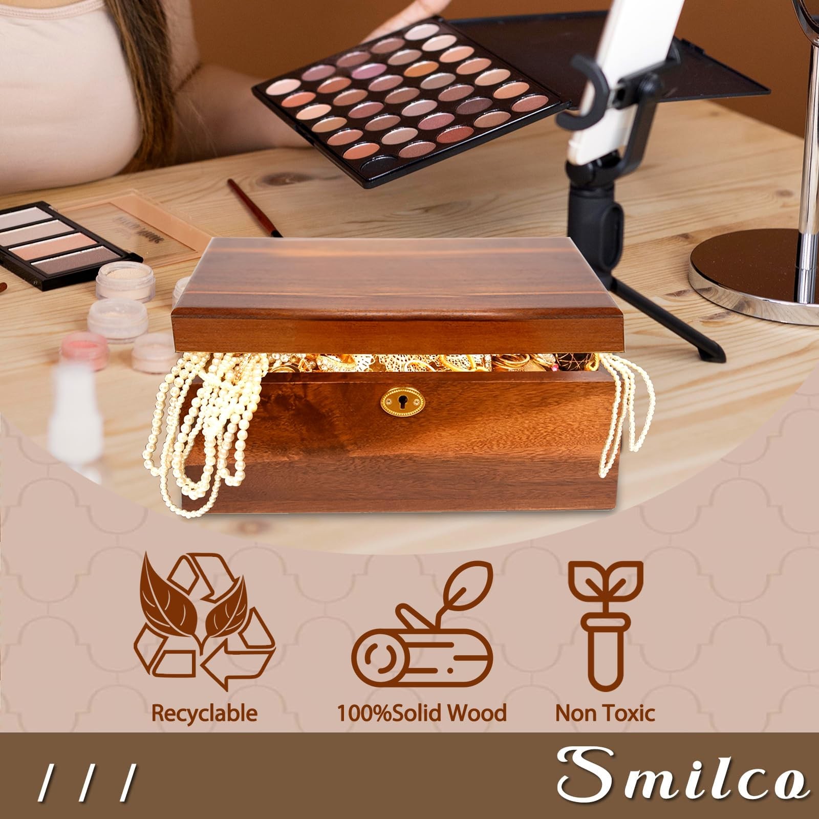 Smilco Wooden Box with Hinged Lid Acacia Wood Decorative Storage Boxes