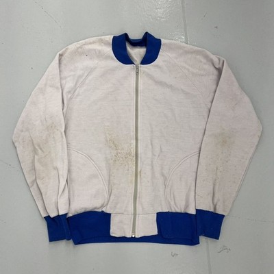 Vintage 70s Off-White/Blue Two Tone Blank Zip Up Sweatshirt 1970s True Vintage