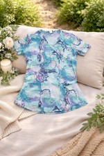 Women's Abstract Floral Scrub Top V-Neck Short Sleeve Medical Uniform Teal Small