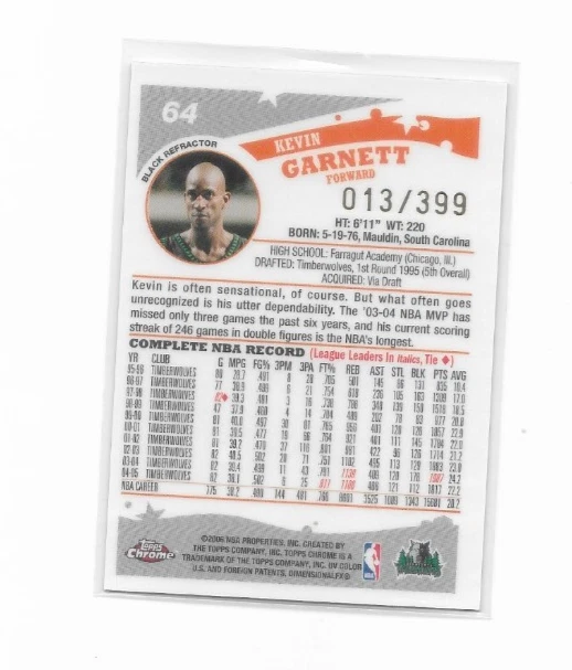 2005-06 Topps Chrome - Kevin Garnett #64 Black Refractor 13/399 timberwolves - Image 2 of 2