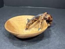 Giraffe Hand Carved Wood Bowl Giraffe Drinking Trinket Dish Art Piece Home Decor