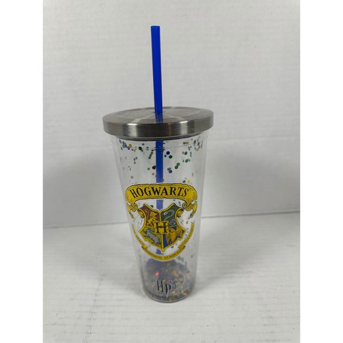 Harry Potter Hogwarts Glitzer Konfetti Becher Tasse mit Strohhalm Deckel Trinkgeschirr - Bild 1 von 6