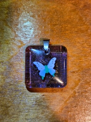 N122 Handmade Resin Necklace White Green Butterfly Purple Square Pendant