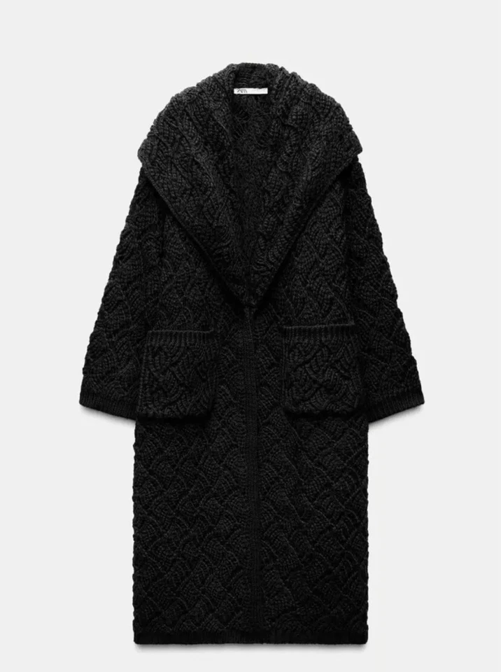 Zara Open Long Cable Knit Textured Coat /Cardigan Black Size S 3653/110 New - Image 2 of 4
