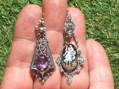 LOT de 2 BELLES et GRANDES BOUCLES D'OREILLES ANCIENNES XIXème en Métal Argenté - Photo 1/4
