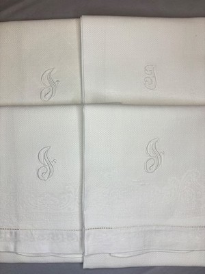 Lot of 4 Antique Damask Linen Show Towels Embroidered Monogram  J - 19.5x33.5 