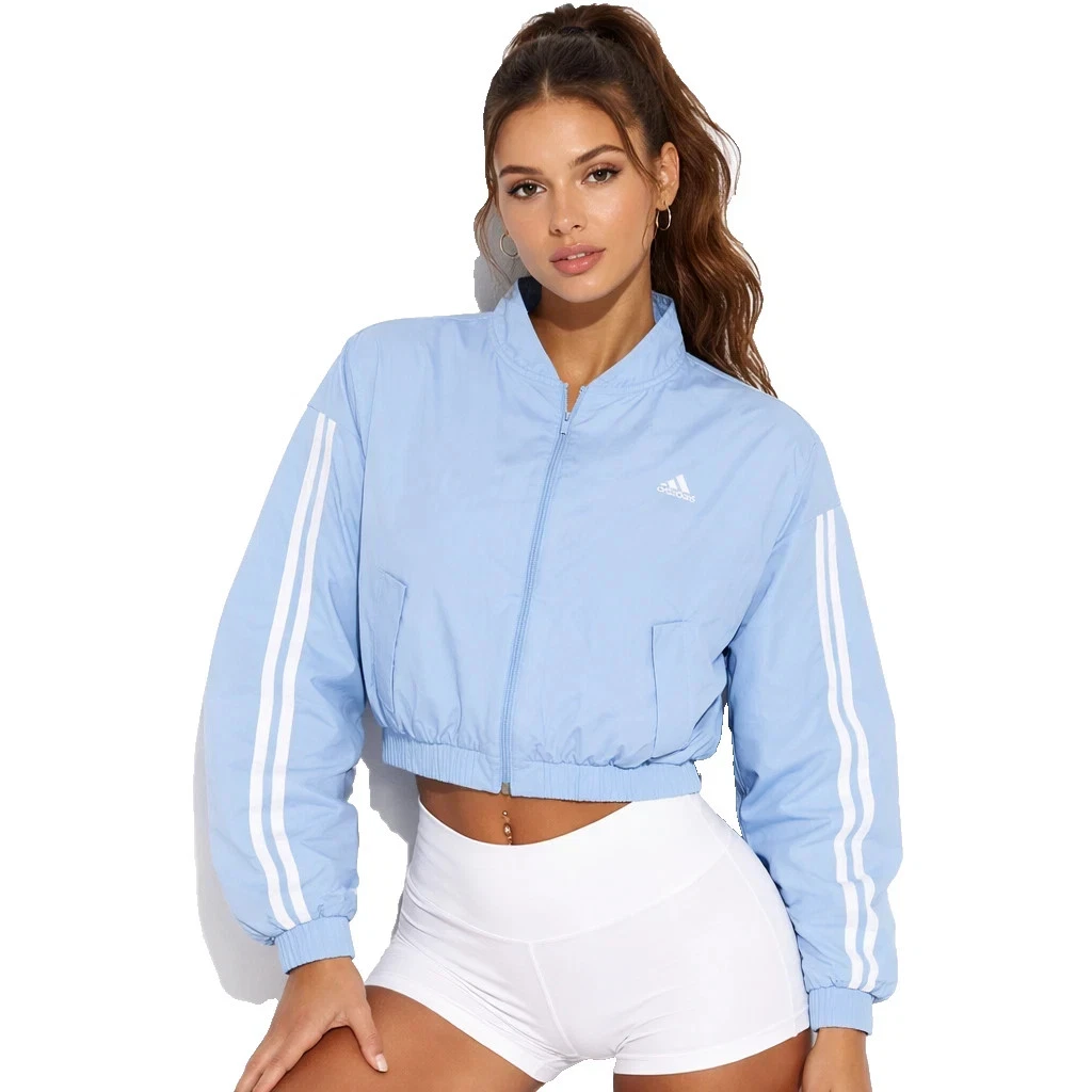 NEW Adidas Womens 3 Stripe Woven Bomber Jacket Light Blue White, XS, MSRP: $65