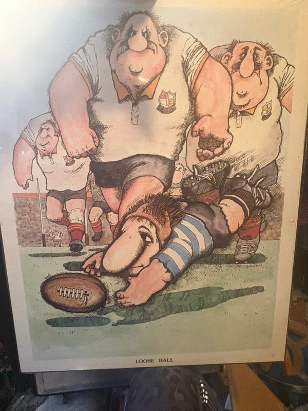 Vintage Gary Patterson Loose Ball Cartoon Rugby Print Art on Wood