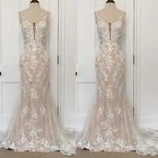 Champagne Wedding Dresses Mermaid V-Neck Lace Applique Sweep Train Bridal Gown