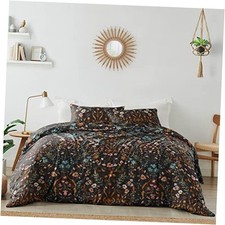Boho Bohemian Farmhouse Black and Wildflower Garden Floral Duvet Queen Orange