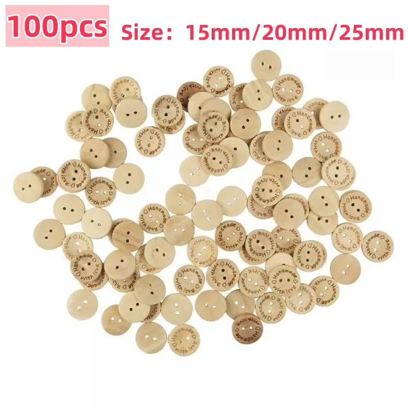100PCS Natural Wooden Button Craft Sewing DIY Handmade With Love Wooden Buttons - Image 2 of 4