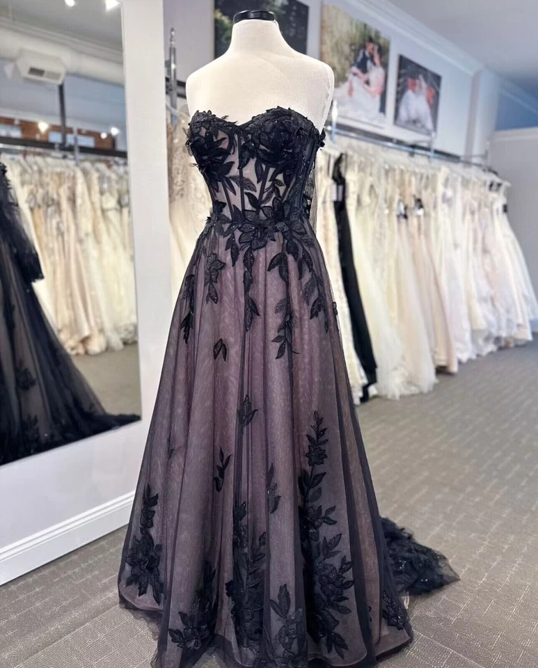 Gothic Black Wedding Dresses Lace Applique Detachable Sleeve A Line Bridal Gowns - Image 3 of 4