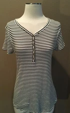 Pure + Good L Green & White Striped V Neck T Shirt Top W Short Sleeves