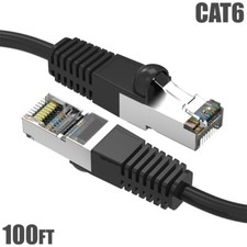 100FT Cat6 RJ45 Ethernet LAN Network SSTP Shielded Cable Copper Gold 26AWG Black