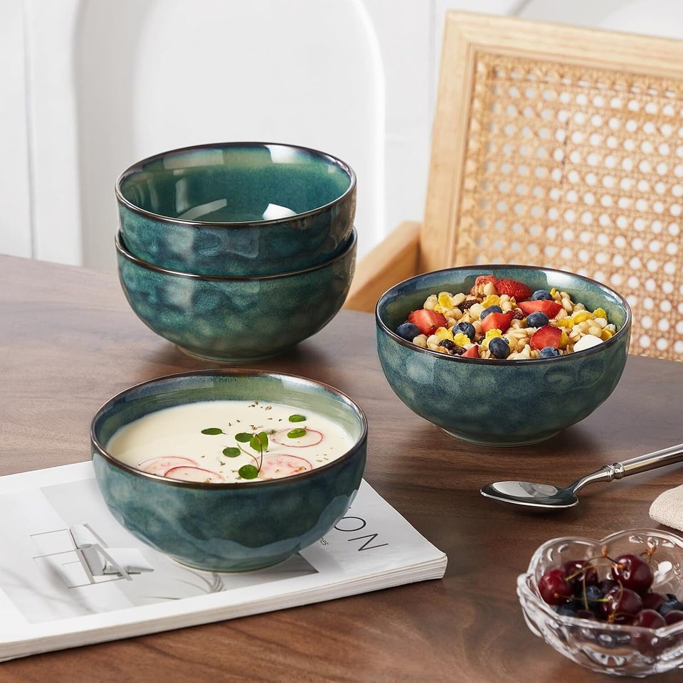 24oz Bowls for Soup, Ceramic Deep Soup Bowls Set of 4, Green Cereal ...