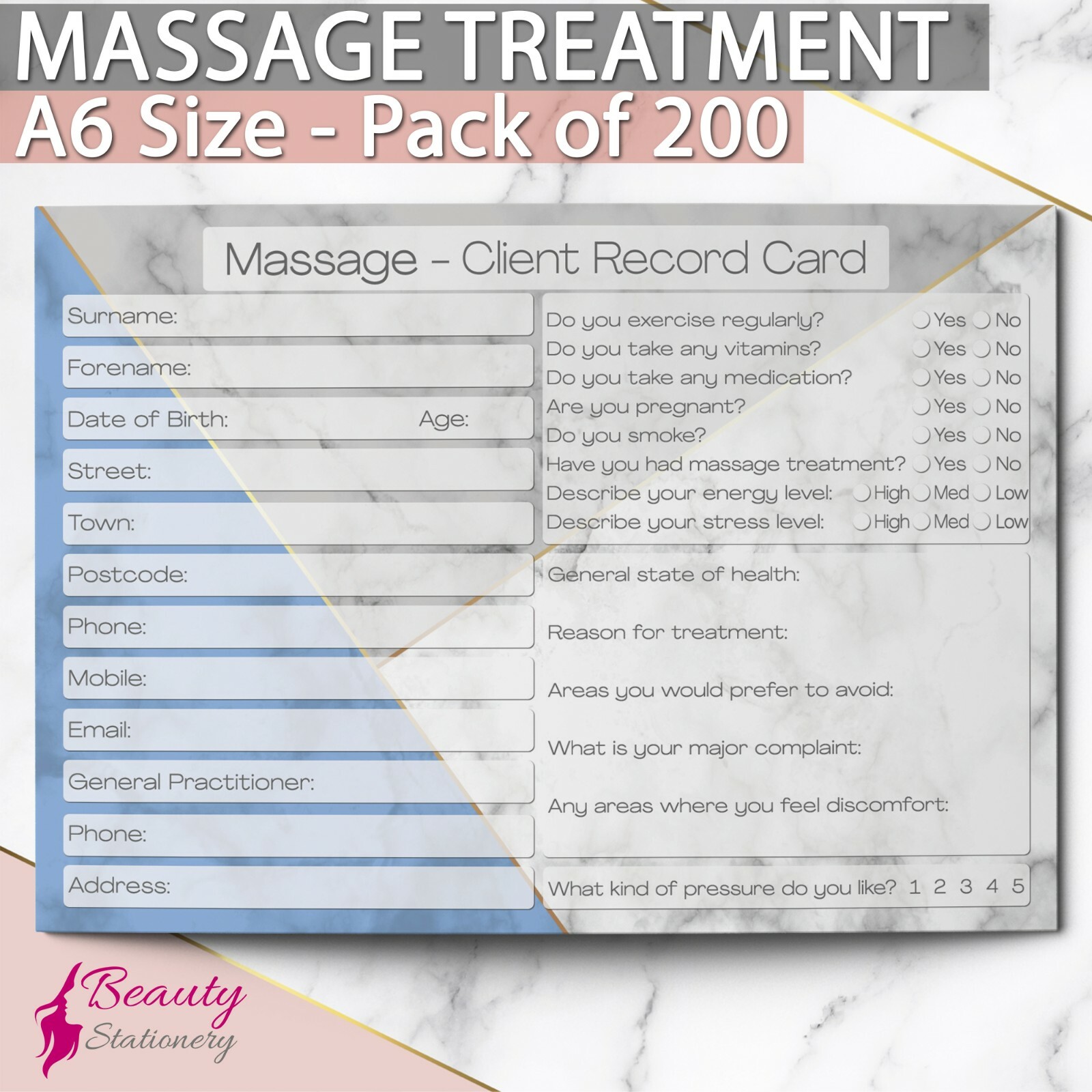 Massage Client Record Card Consultation Form Beauty Salon Therapists A6 x200