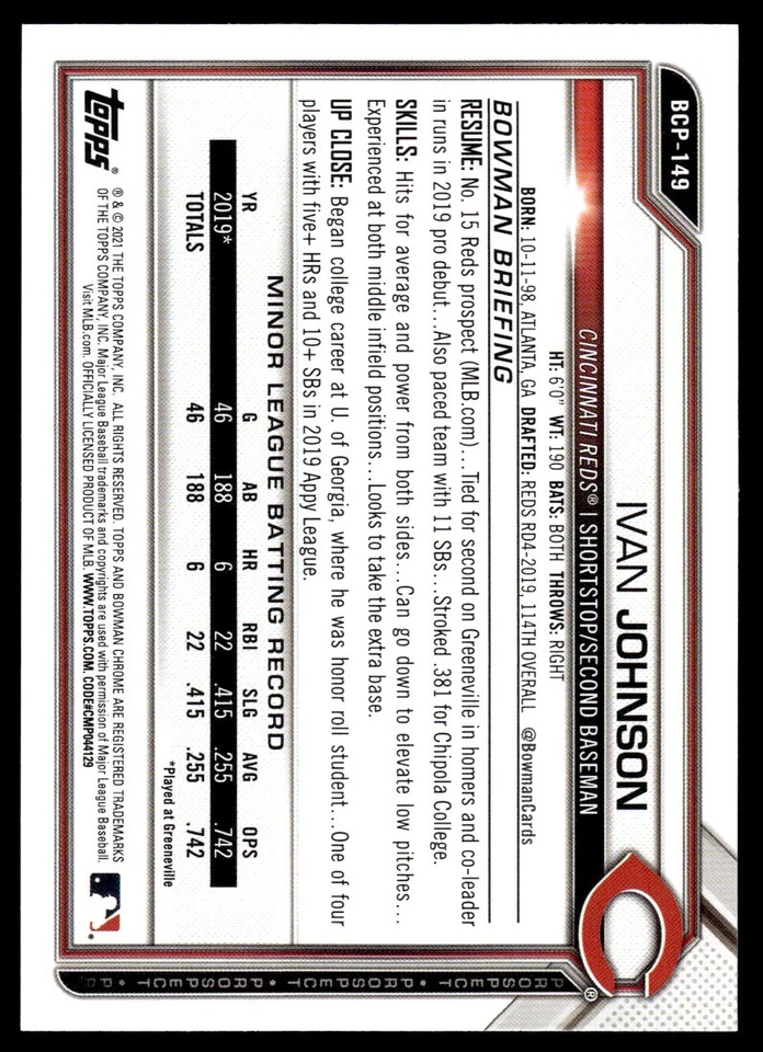 2021 Bowman Ivan Johnson Cincinnati Reds #BCP-149 R90 - Image 2 of 2