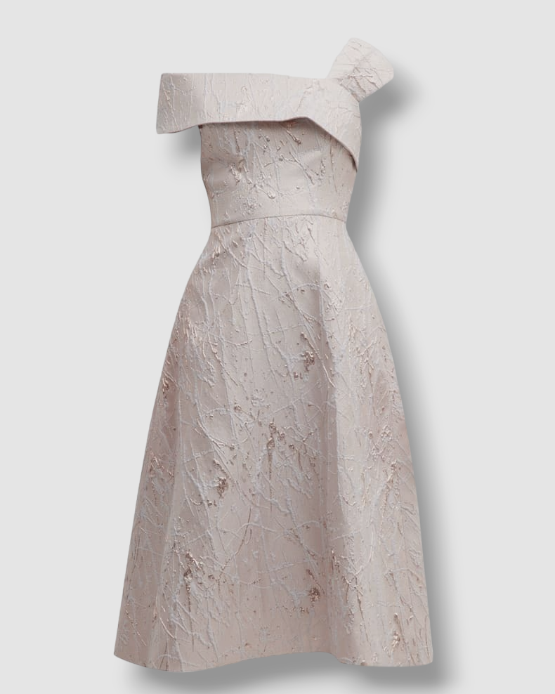 Rickie Freeman For Teri Jon Asymmetric Metallic Jacquard Midi Dress Blush