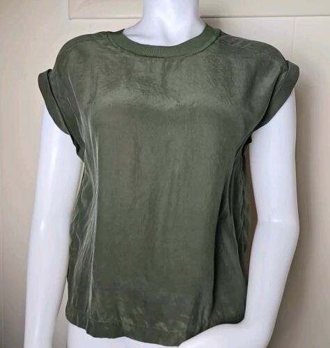 Frame Washable Silk Top Womens XS Green Satin Short Cap Sleeve Pullover LWSH2071