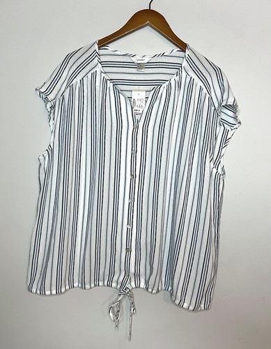 CJ Banks NEW Button Down Striped Tie Front Top Blouse White Blue Striped Sz 2X